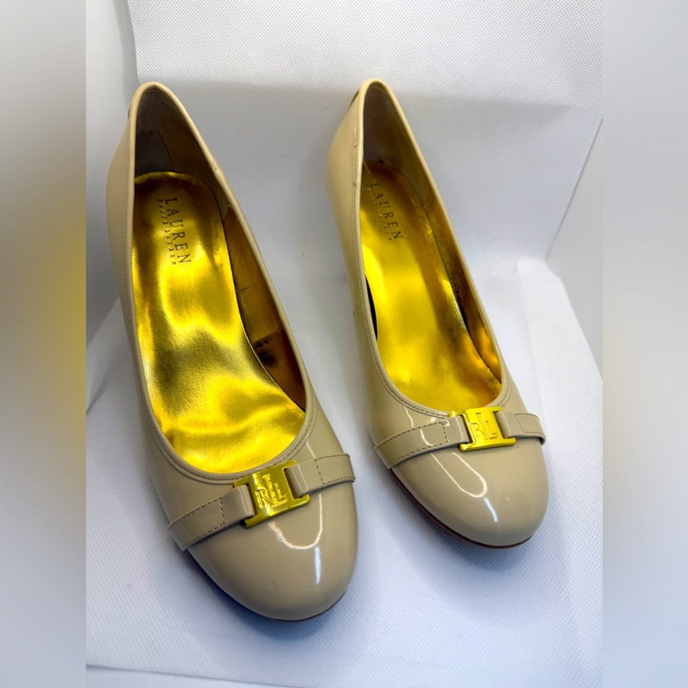 Ralph Lauren, Shelbi, Women High Heel Shoes 10 B Patent Pumps Beige